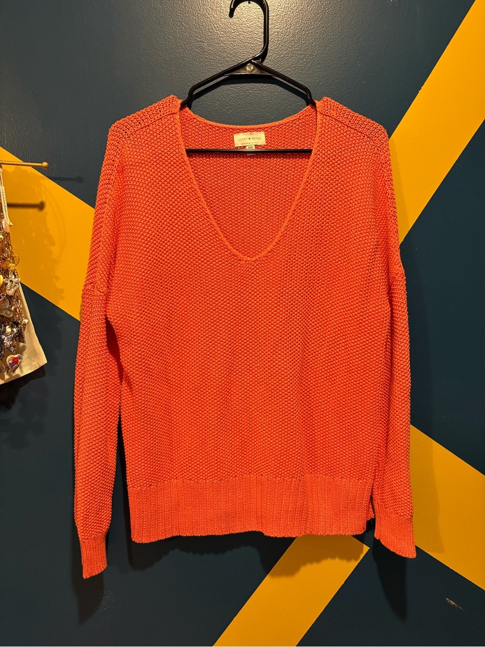 Lucky Brand Coral V-Neck Fisherman Weave Midweight Sweater EUC